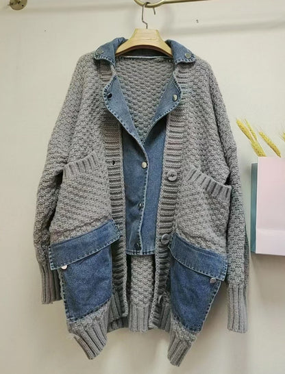 Oversized Knit Cardigan with Denim Panels