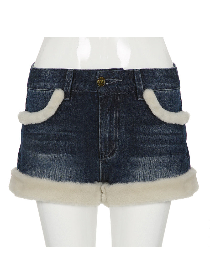 Patchwork Faux Fur Denim Shorts