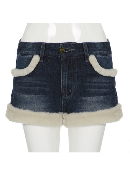 Patchwork Faux Fur Denim Shorts
