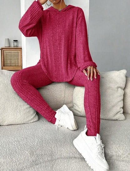 Solid Ribbed Loose Hooded Pants Set
