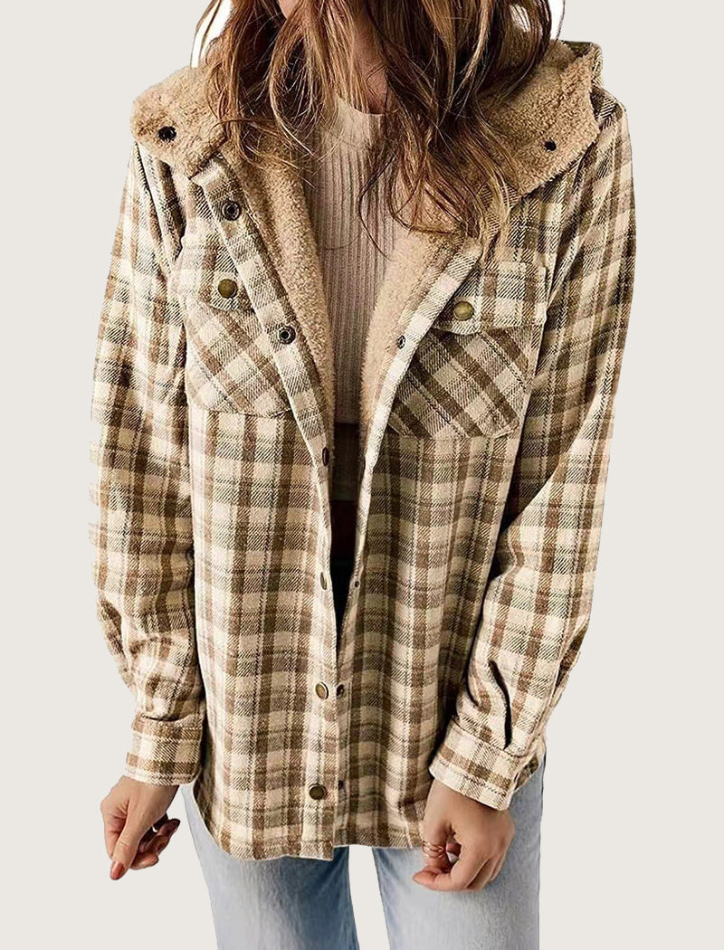 Hooded Plaid Shacket with Pocket Detail