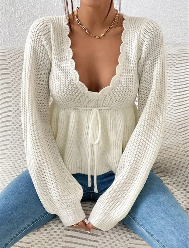 Loose V-Neck Tie Front Ruffle Knit Top