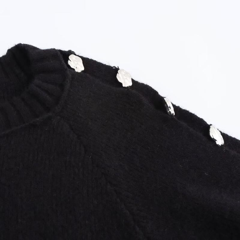 Crew Neck Ball-embellished Long Sleeve Knit Sweater