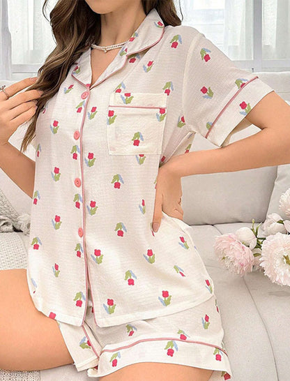 Floral Print Pocket Lounge Set Pajamas