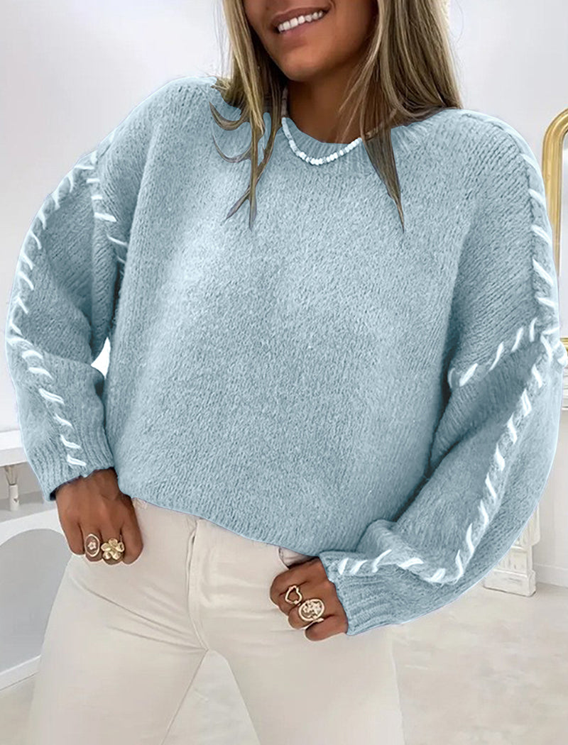 Oversized Knit Sweater with Contrast Stitching