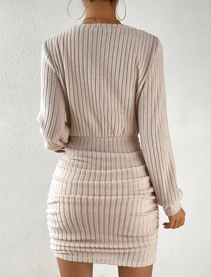 Brushed Ribbed V-Neck Long Sleeve Waist-Cinching Dress