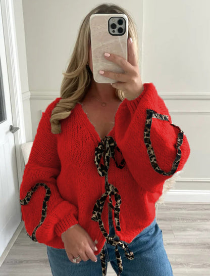 Tie-Front Knit Sweater with Heart Accents