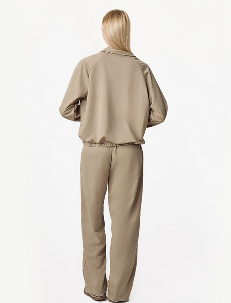 Casual Collared Zip-Up Long Sleeve Top and Pants Set