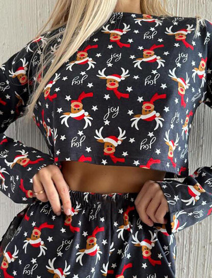 Christmas Elk Printed Crop Top and Shorts Set