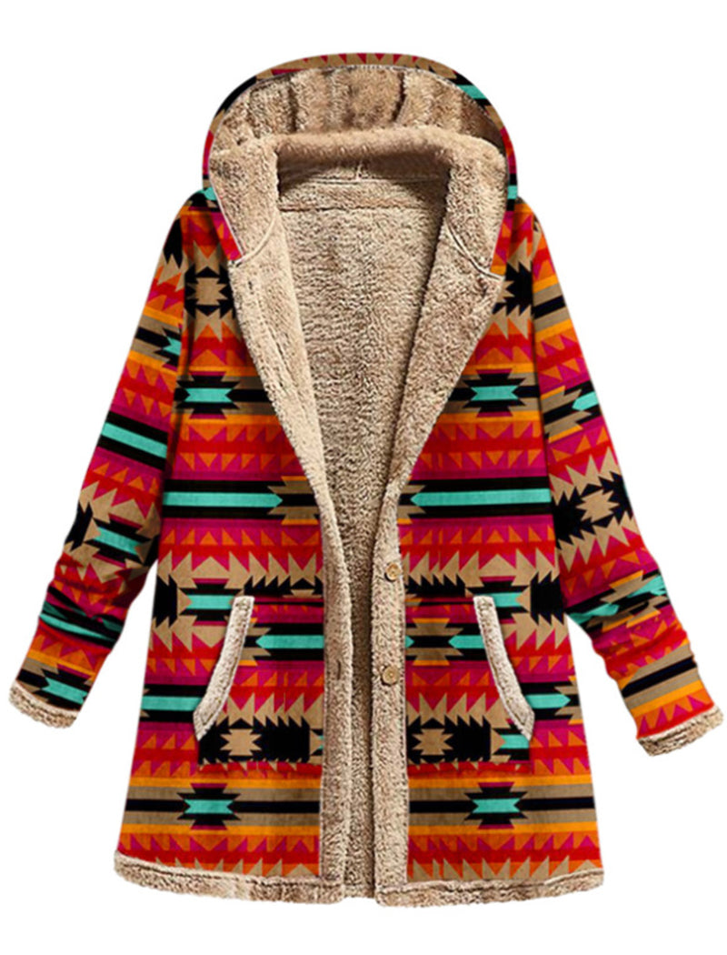 Geometric Print Hooded Coat