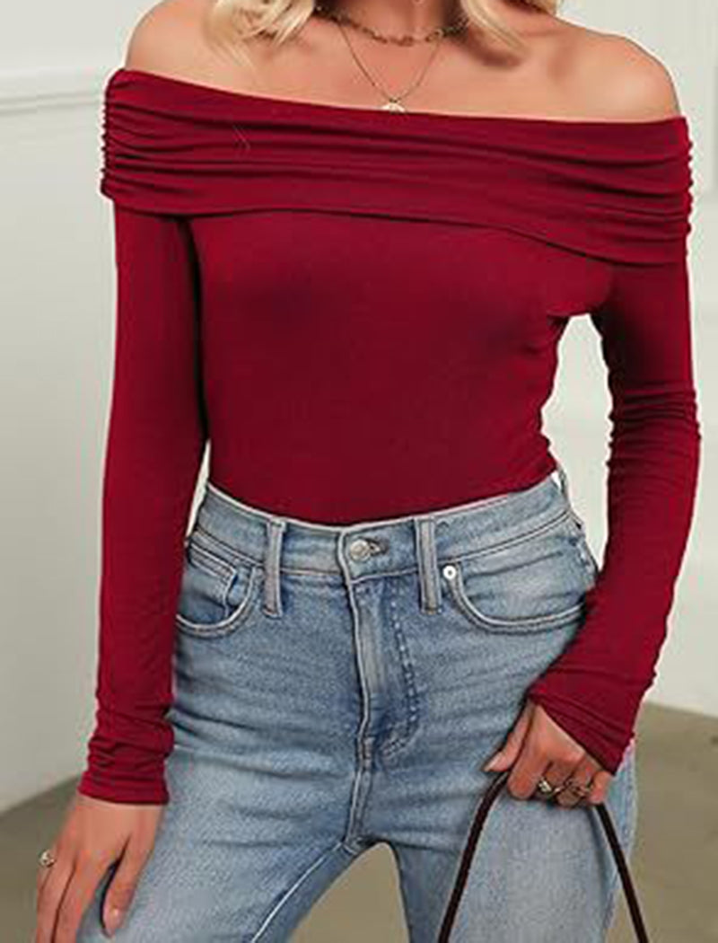 Off-Shoulder Long Sleeve Slim Fit Top