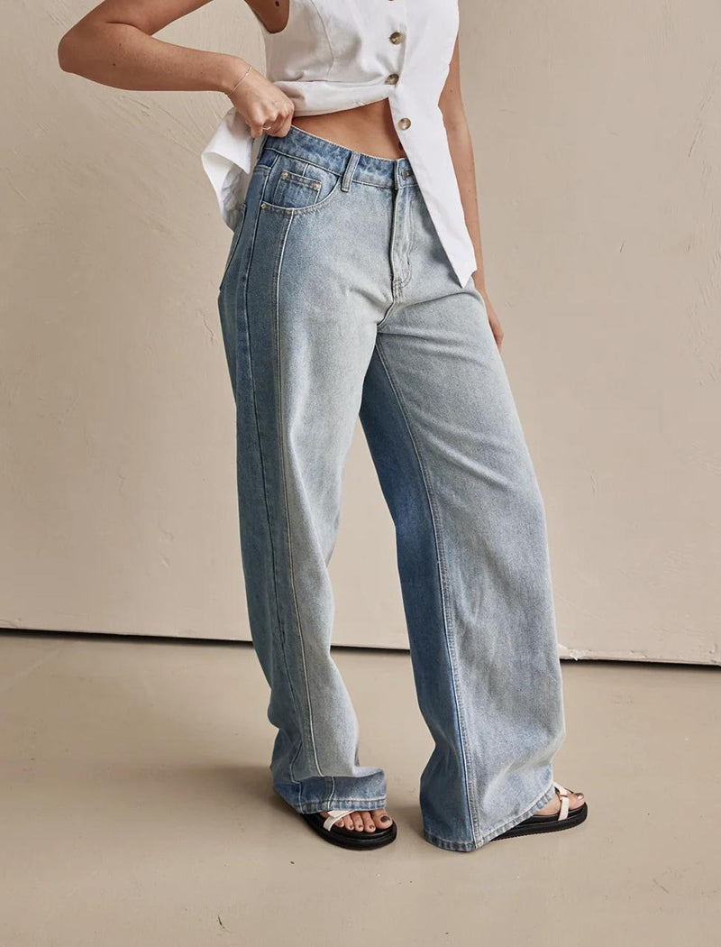 Washed Wide-Leg Denim Pants