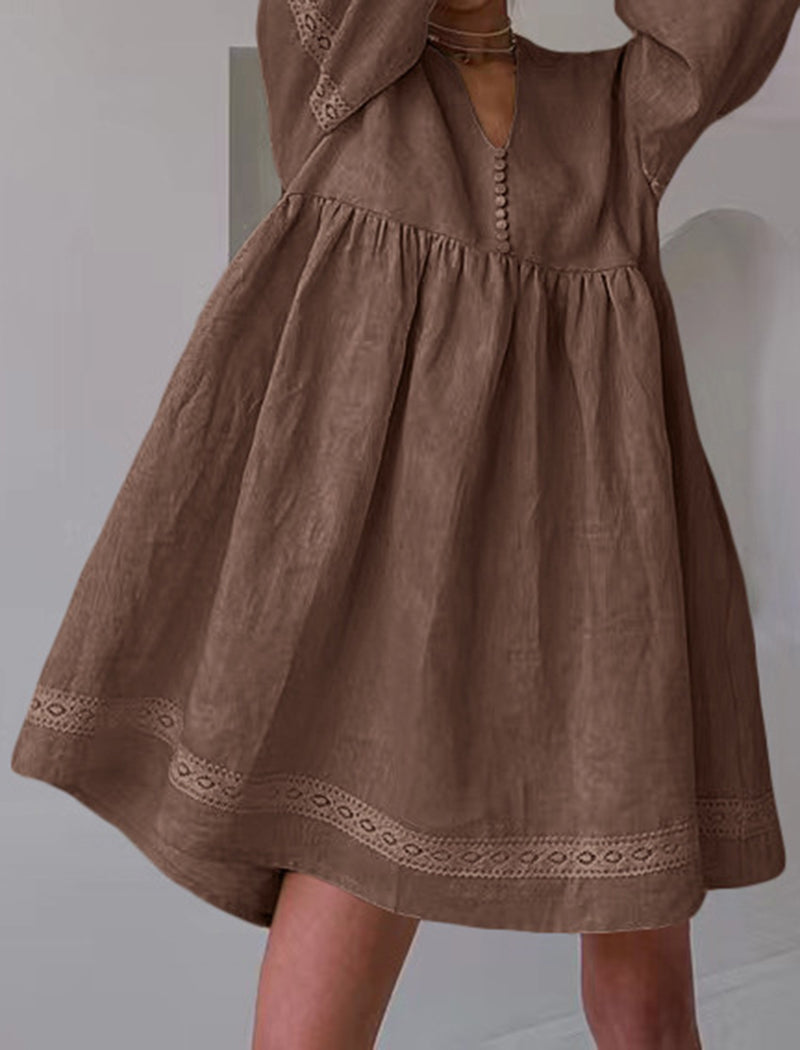 V-Neck Lantern Sleeve Loose Mini Dress