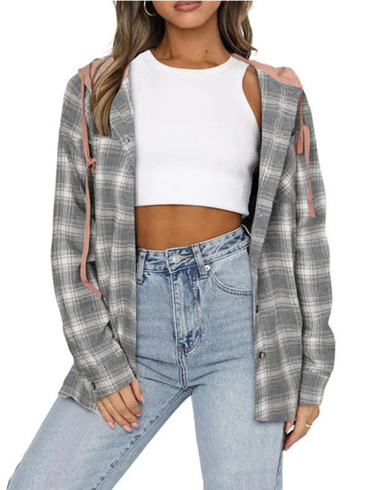 Plaid Button-Up Shirt with Drawstring Hood