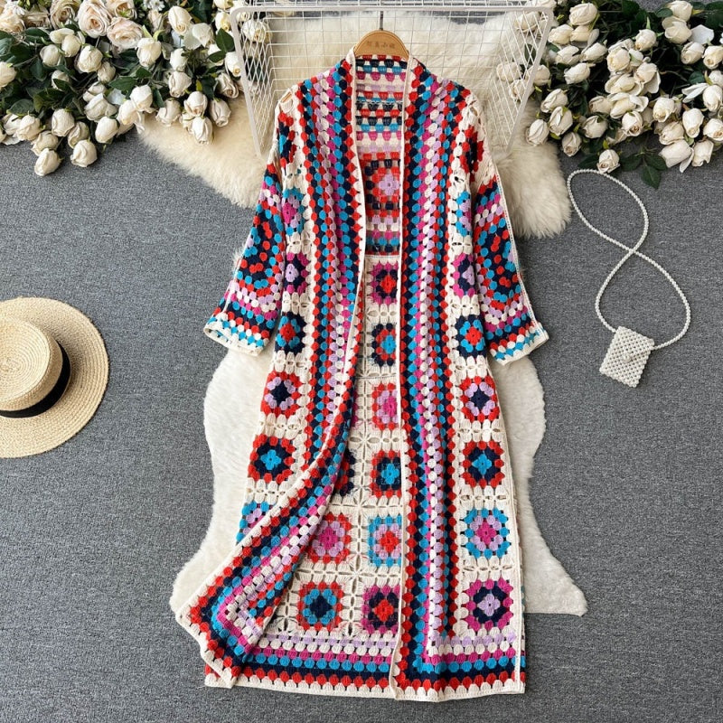 Bohemian Long Crochet Open-Front Cardigan