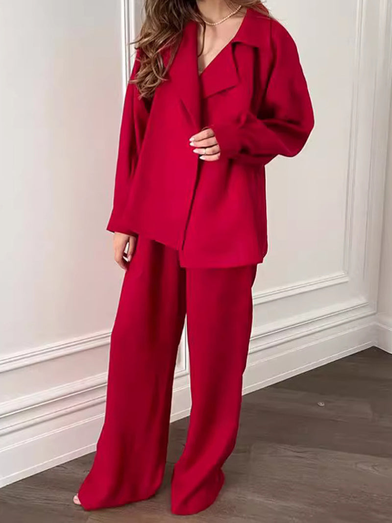 Belted Blazer and Wide-Leg Pants Set