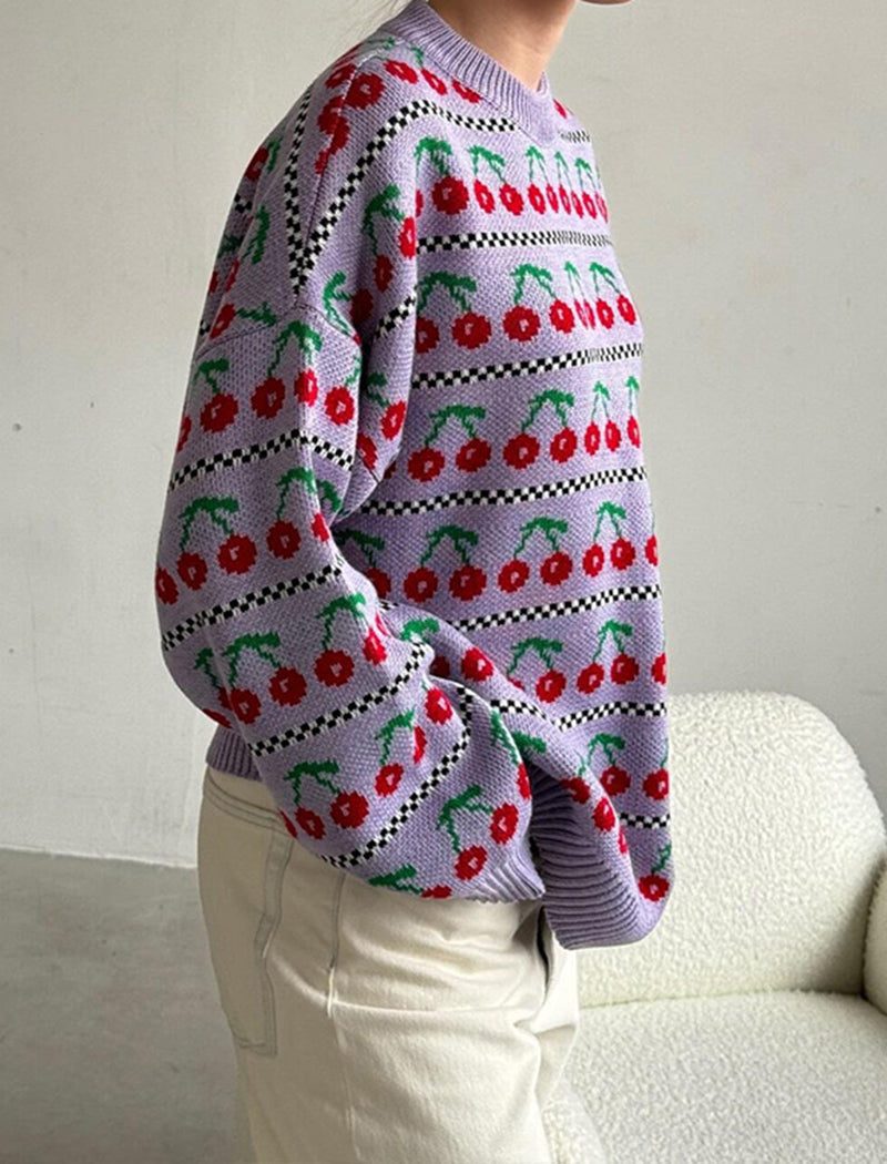 Cherry Pattern Oversized Knit Sweater