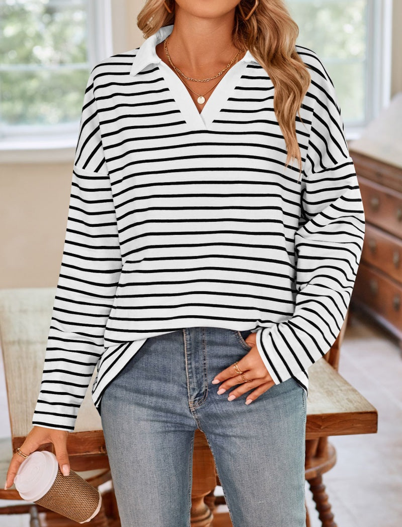 Striped V-Neck Casual Loose-Fit Top