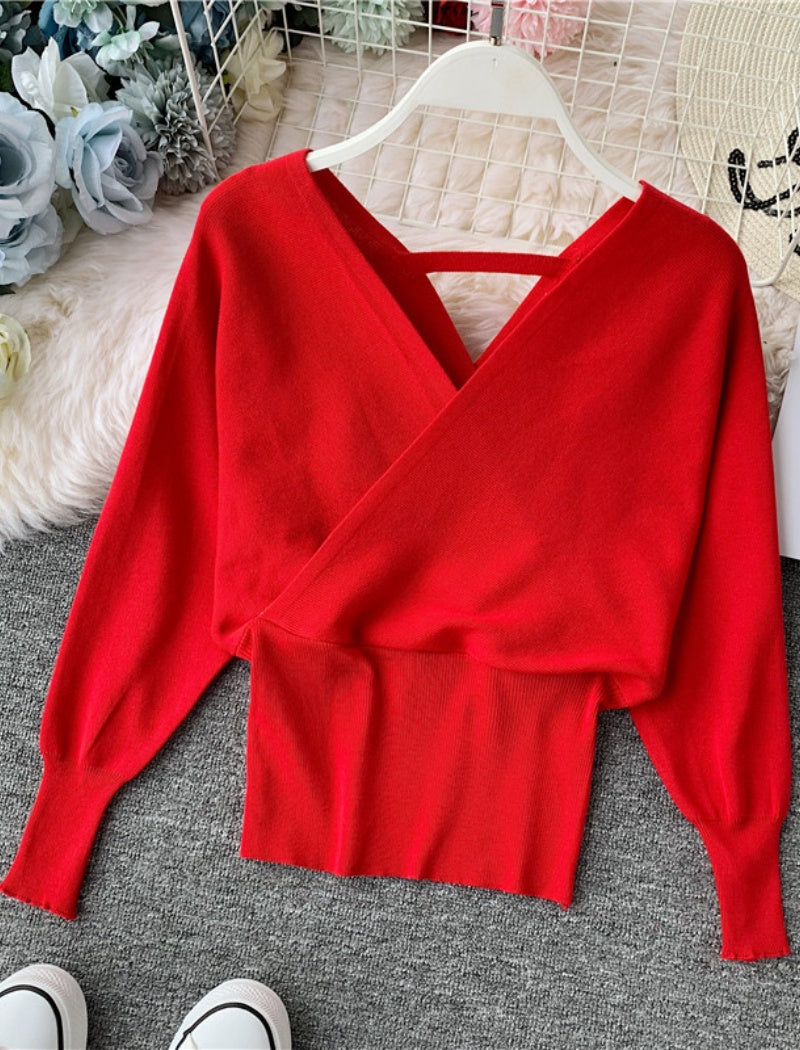 Deep V-Neck Batwing Sleeve Knit Sweater