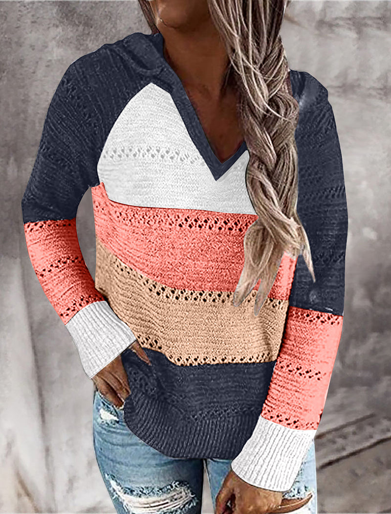 Striped V-Neck Knit Hooded Sweater