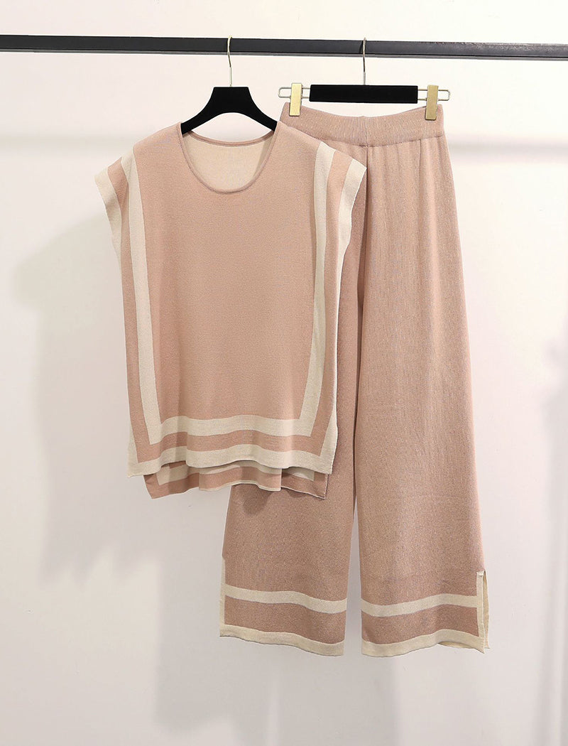 Color-Block Knit Sweater and High-Waisted Wide-Leg Pants Set