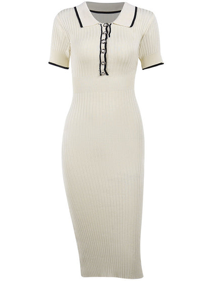 Collared Ribbed Buttoned Dress