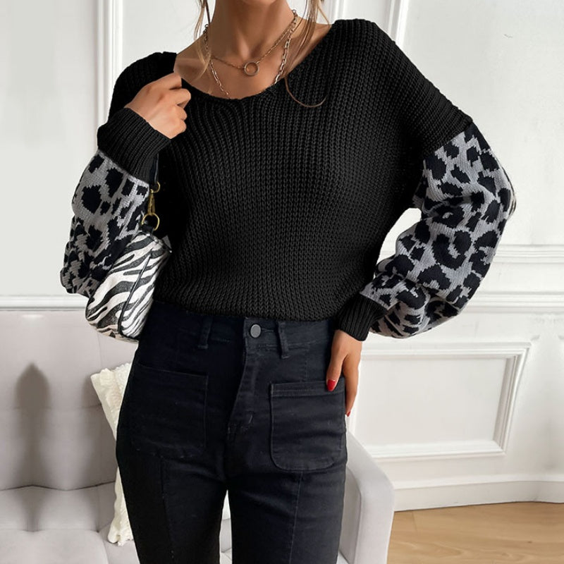 Leopard Sleeve Patchwork Knit Sweater