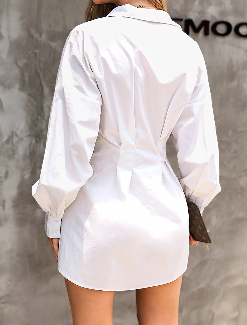 Collared Ruffle Waist Solid Shirt Dress