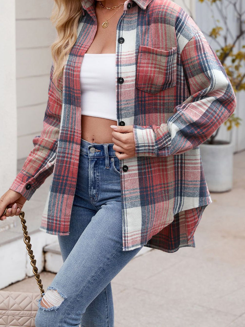 Plaid Curved-Hem Button-Up Shirt