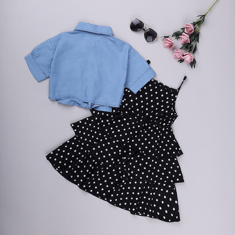 Denim Shirt and Polka Dot Layered Mini Skirt Set (Kids)