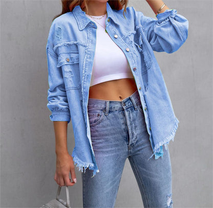 Solid Ripped Long Sleeve Denim Jacket