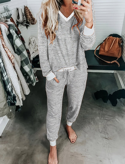 Striped Cozy Lounge Set with V-Neck