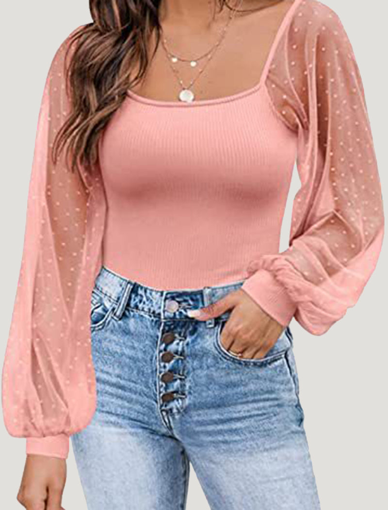 Sheer-Sleeve Fitted Top