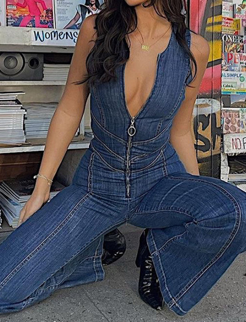 Zip-Front Denim Flared Jumpsuit