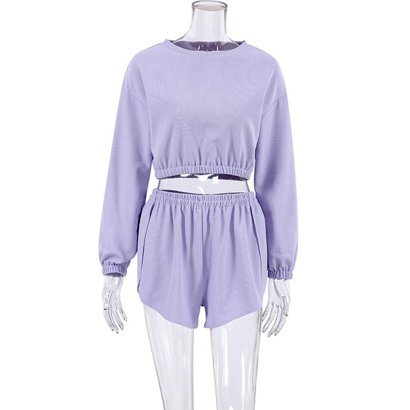 Knitted Long Sleeve Cropped Top and Shorts Pajama Set