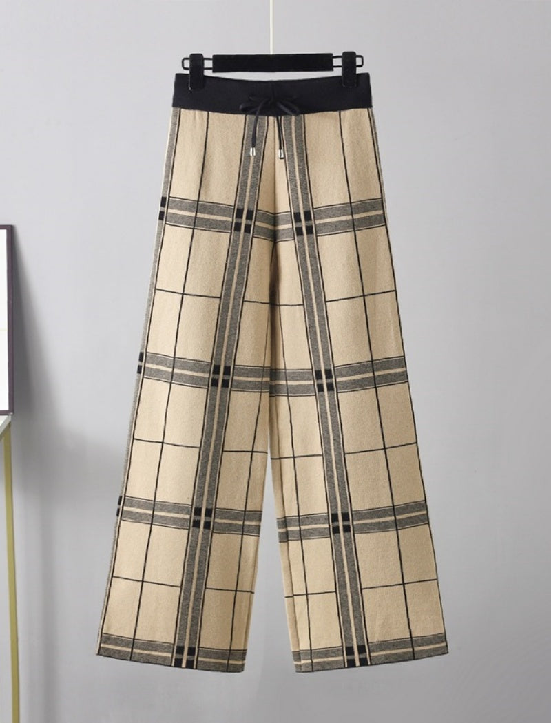 Grid Print Wide-Leg Pants