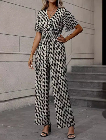 Wave Smocked V-Neck Top and Wide-Leg Pants Set