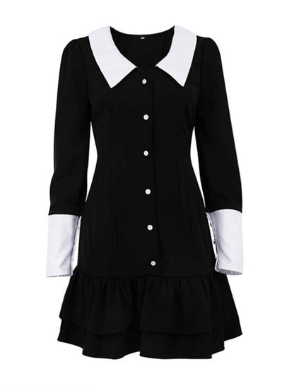 Contrast Collar Buttoned Ruffle Dress