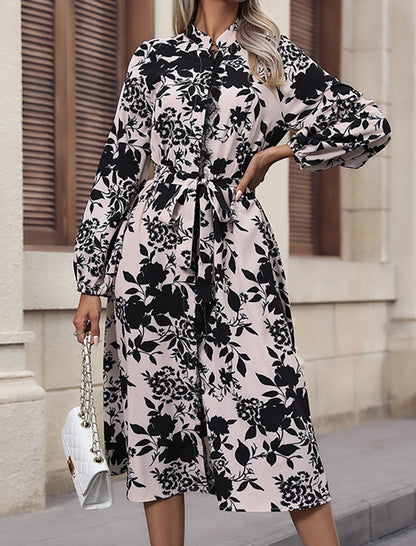 Floral Belted A-Line Midi Dress