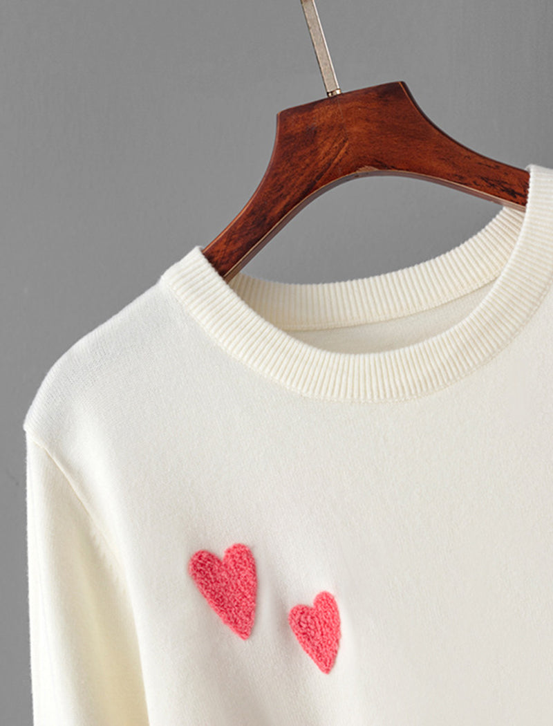 Heart Pattern Knit Crewneck Sweater