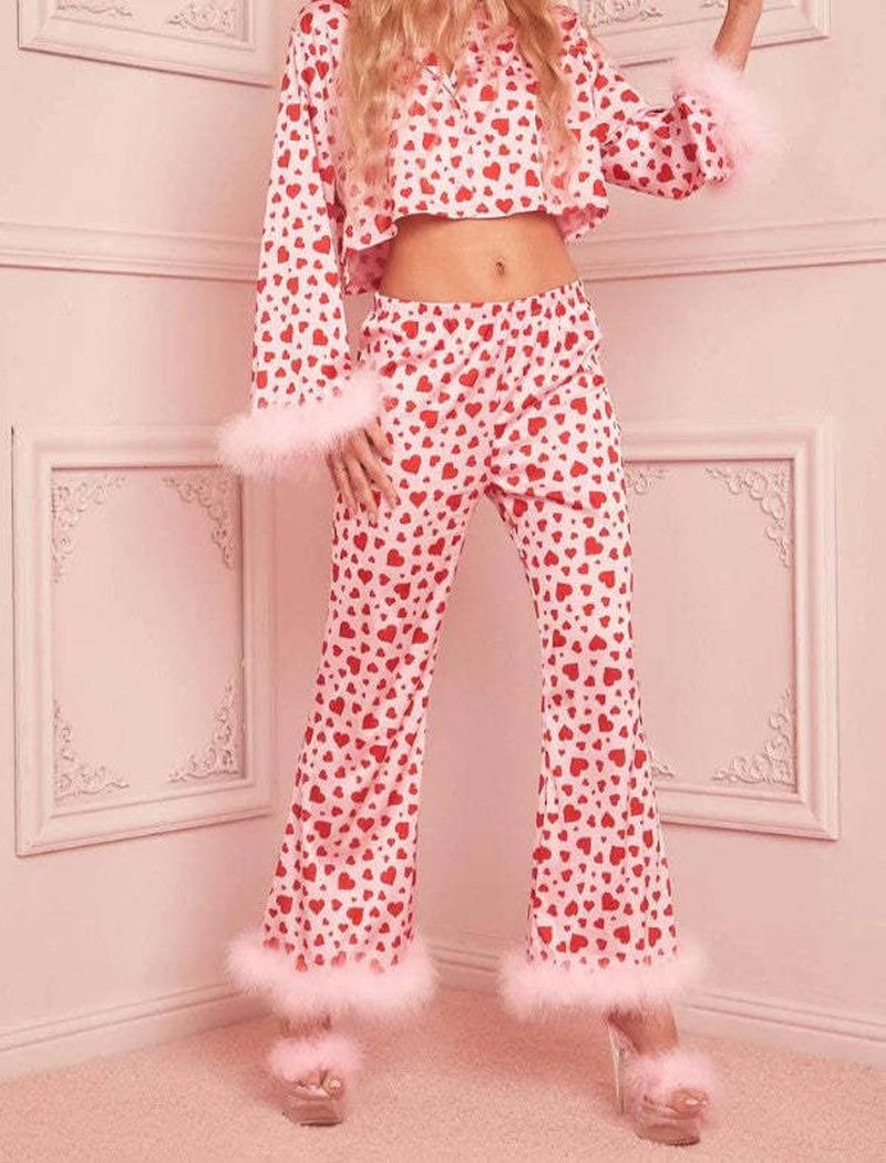 Heart Print Feather Trim Top and Pants Pajama Set