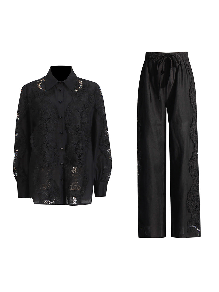 Lace Button-Up Shirt and Drawstring Pants Set