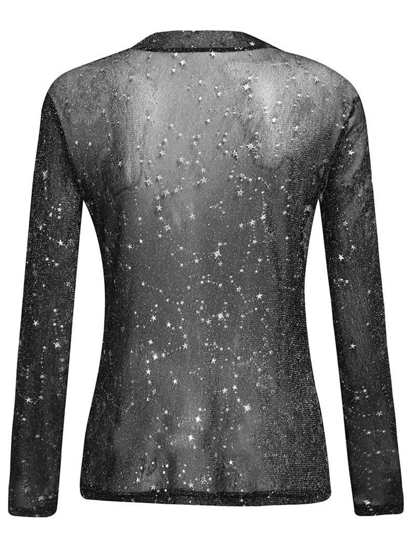 Star-Patterned Sheer Mock Neck Top