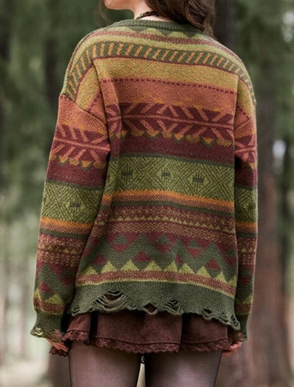 Loose Fit Geometric Pattern Distressed Knit Sweater