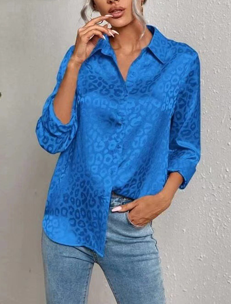 Long Sleeve Satin Jacquard Leopard Shirt