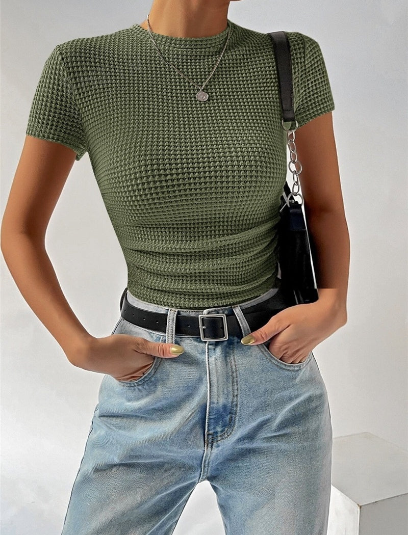 Pleated Round Neck Knit Short Sleeve T-Shirt