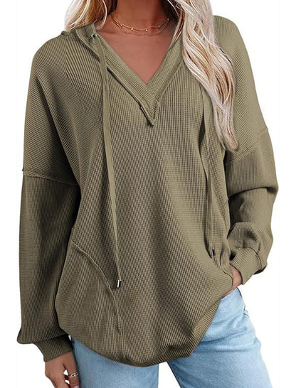V-Neck Waffle Knit Solid Long Sleeve Hoodie