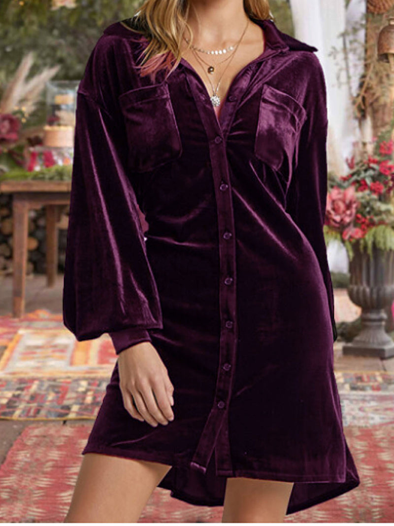 Velvet Button-Up Shirt Dress