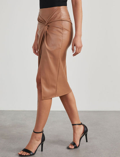 Faux Leather Wrap Midi Skirt