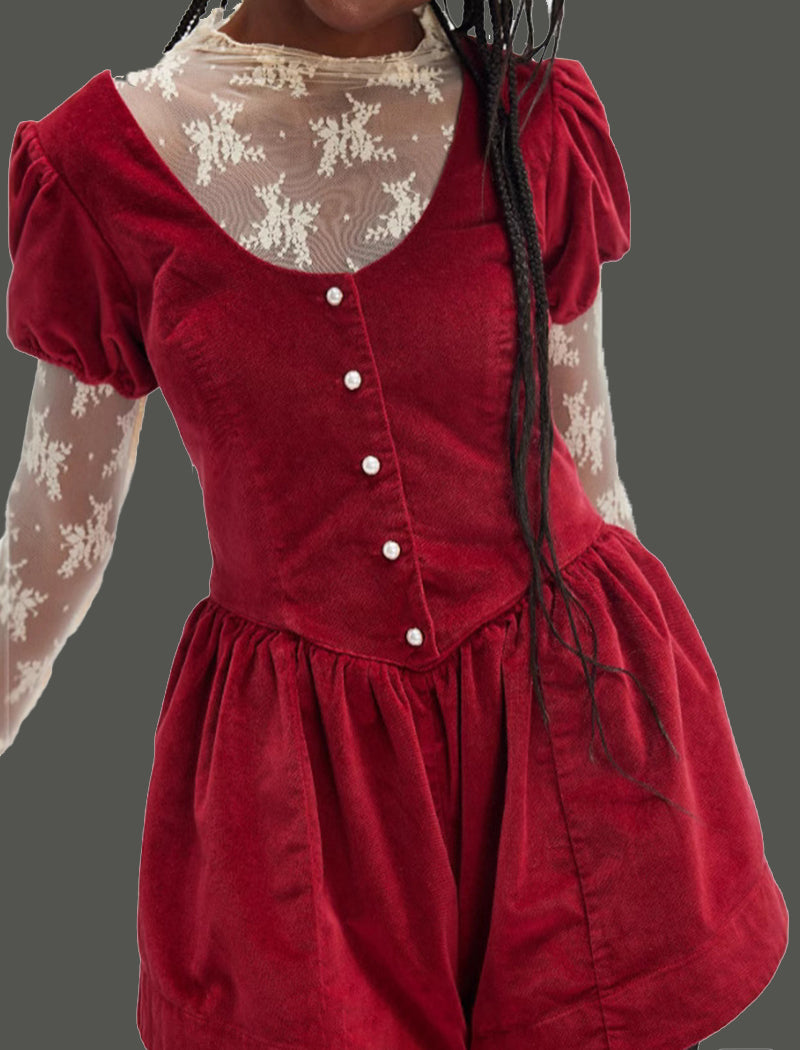 Puff Sleeve Lace Detail Romper